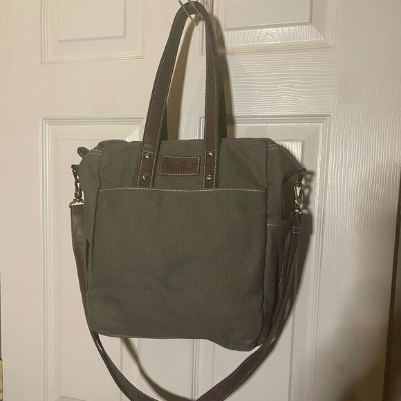 Maika Recycled commuter canvas army Green tote /shoulder Bag Brown straps. - Picture 1 of 15